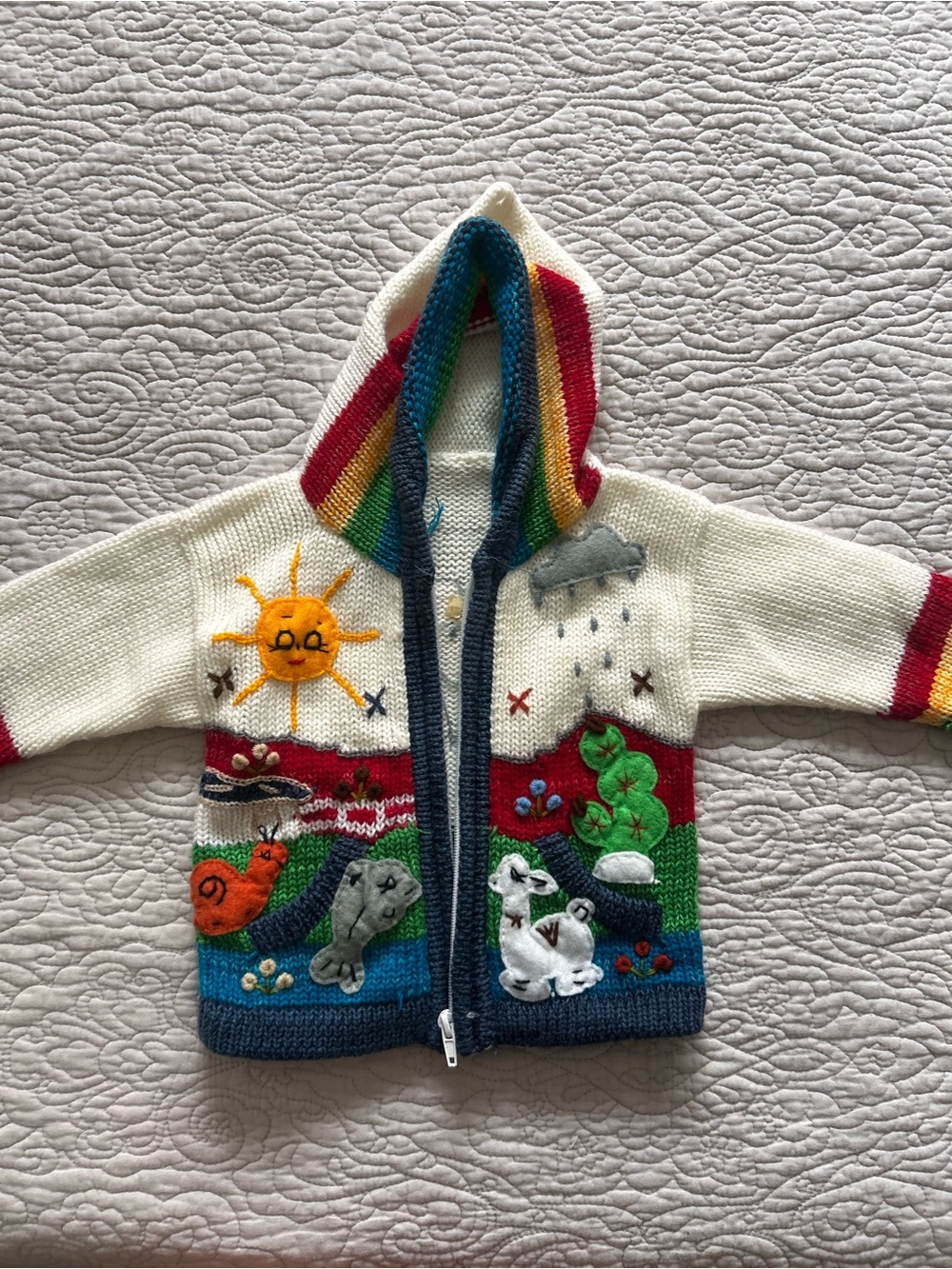 Hand-Knit Kids Rainbow Hooded Sweater with Animal Appliqués - White/Multi